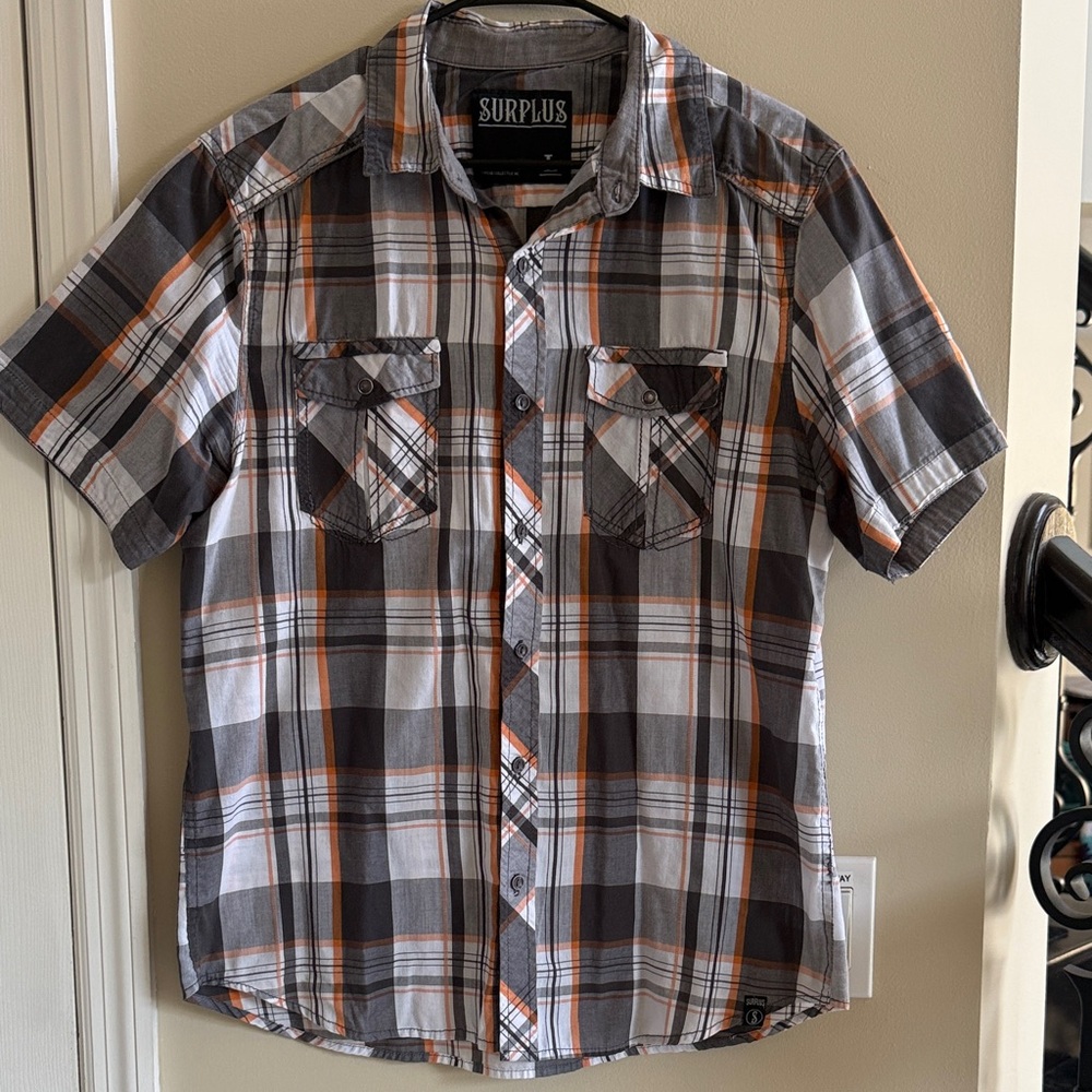 Men's Gray and Orange Plaid Shirt